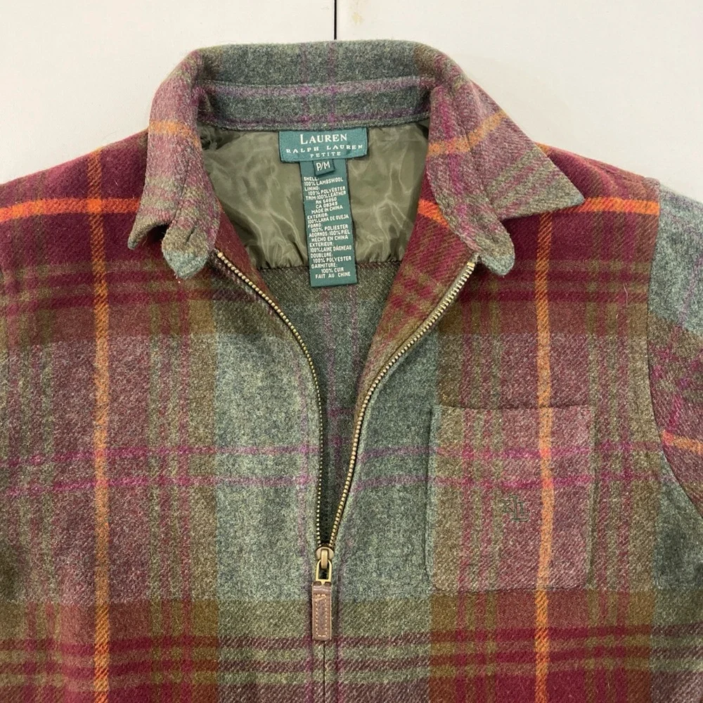 Vintage Lauren Ralph Lauren Petite Tweed Tartan Lamb Wool Leather Elbow Womens M - Picture 4 of 14